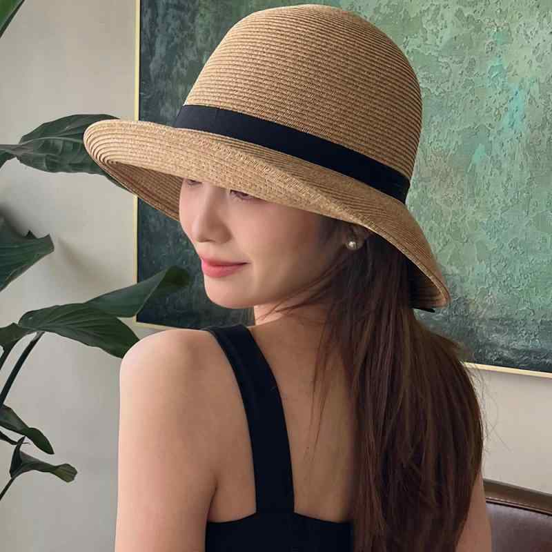 麦わら帽子 レディース 帽子 婦人用 ハット 春夏 UVカット 紫外線対策 日焼け防止 つば広帽子 遮光 通気性 リゾート 旅行 ブラック 黒色 ブラウン 茶色 リボン2