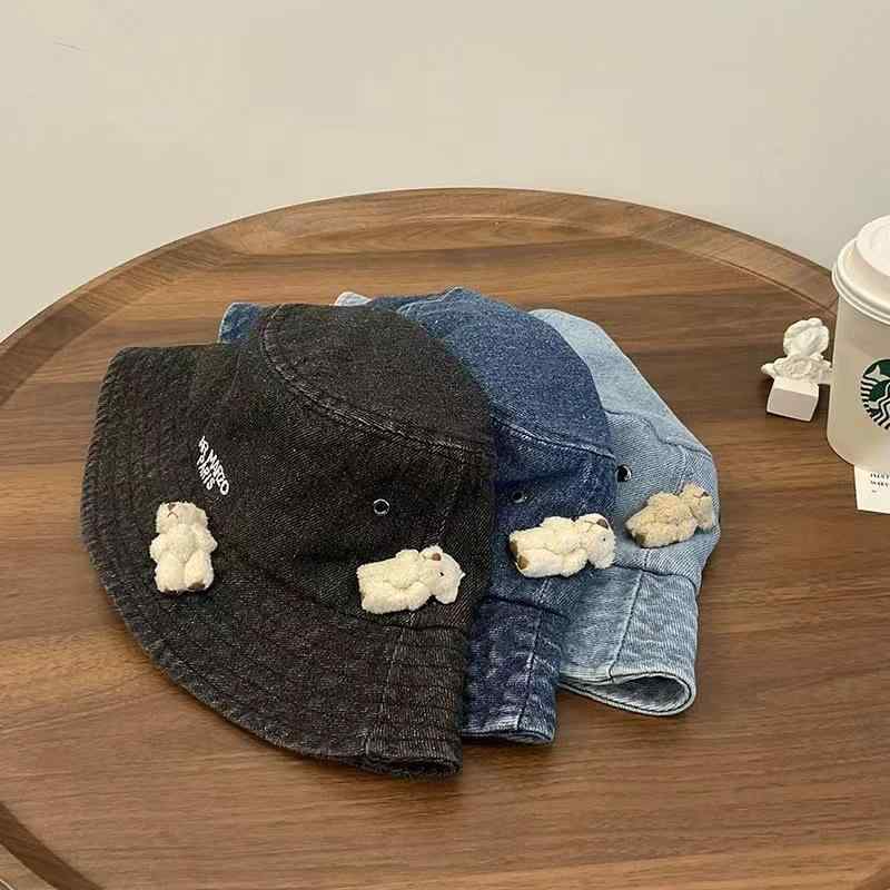 帽子 レディース デニム バケットハット 春秋 かわいい クマ柄 日よけ 紫外線対策 通気性 普段使い ブラック ブルー系2
