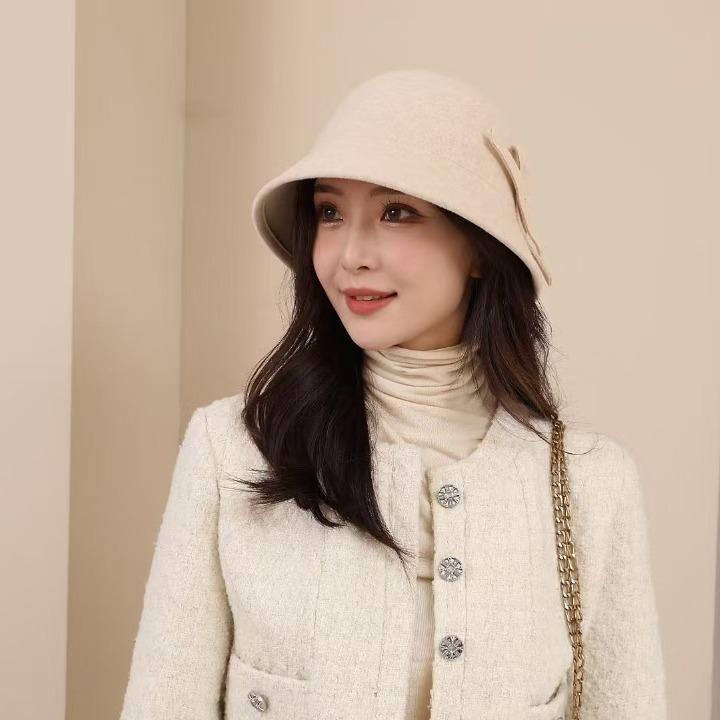帽子 レディース 秋冬 ウール 漁夫帽 ハット フレンチ レトロ エレガント 花柄 ブーケ あったか 保温 上品 きれいめ かわいい 白色 混米色 黒色 キャメル2