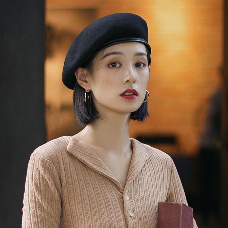 ベレー帽 レディース 秋冬 画家帽子 ウール混紡 英国風 レトロ 無地 防寒 ブラック