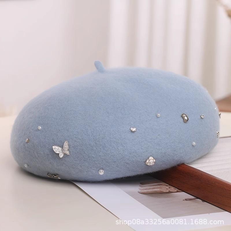 ベレー帽 レディース 秋冬 ウール 画家帽 ファッション 保温 Mサイズ 56-58cm かわいい おしゃれ 蝶々 バタフライ アイボリー ピンク系 ブラック 4,233円