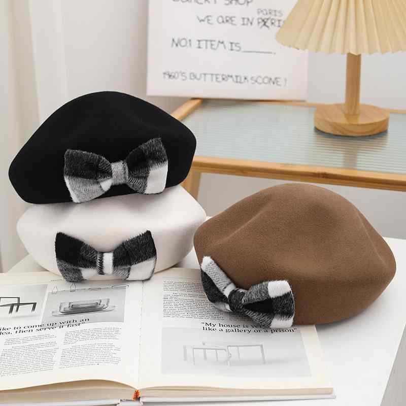 帽子 レディース 秋冬 ベレー帽 ウール ハット 礼帽 かわいい バレッタ付き 防寒 防風 ホワイト ブラック カーキ 上品 きれいめ レトロ2