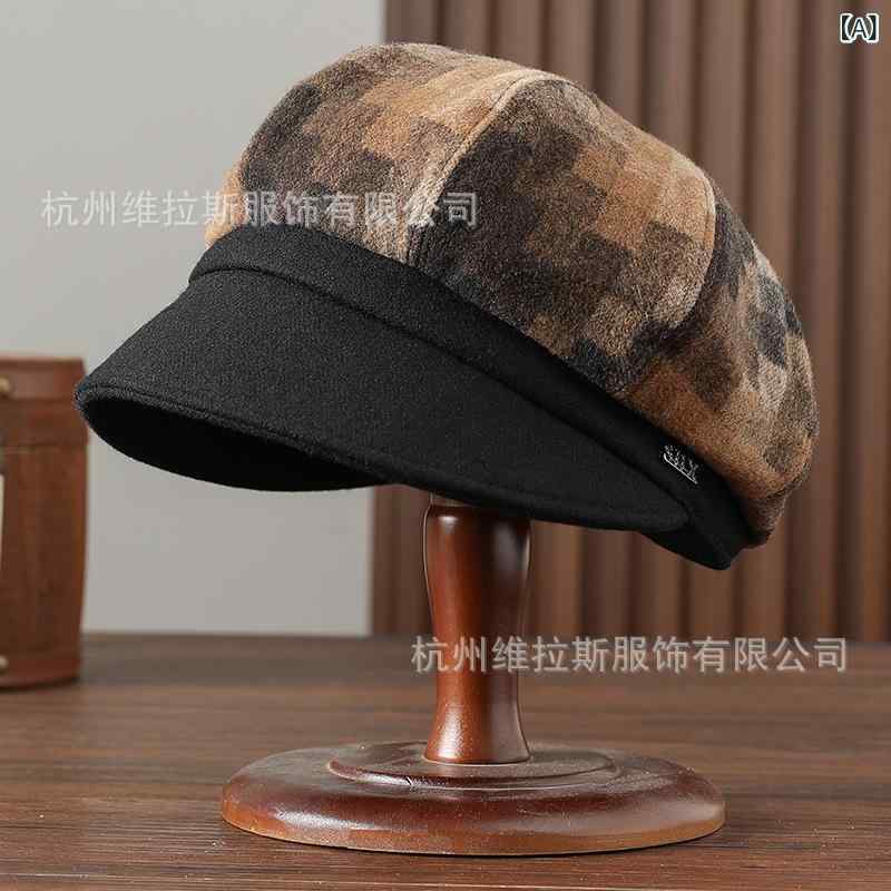 帽子 レディース 秋冬 八角帽 ?舌帽 ベレー帽 チェック柄 ウール 暖かい 防風 通勤 お洒落 かわいい グレー キャメル2｜ブリルビ