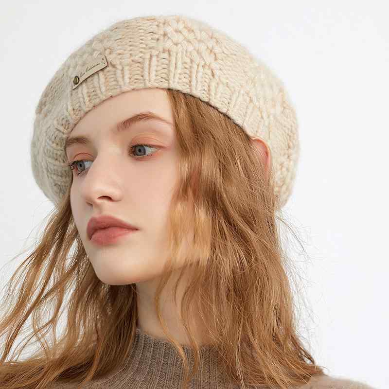 ニット帽 レディース 秋冬 手編み カシミヤ 100% ベレー帽 ウール あったか 焦糖色 原?米色 原??色|ブリルビ