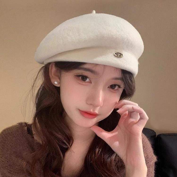 ベレー帽 レディース 秋冬 ウール 画家帽子 小顔効果 韓国風 ミルクティー オフホワイト ブラック グレー ブラウン ピンク2