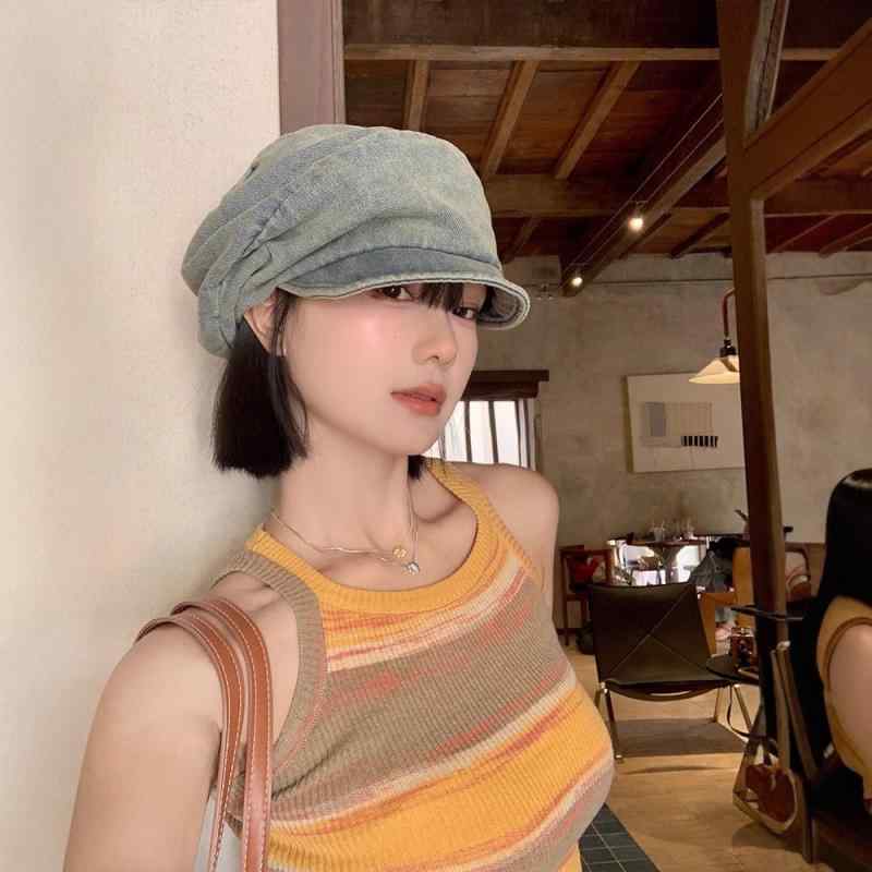 ベレー帽 レディース 春秋 綿麻 デニム レトロ 八角帽子 ニュースボーイキャップ 小顔効果 通気性 日よけ カジュアル ファッション 普段使い お洒落 ブルー