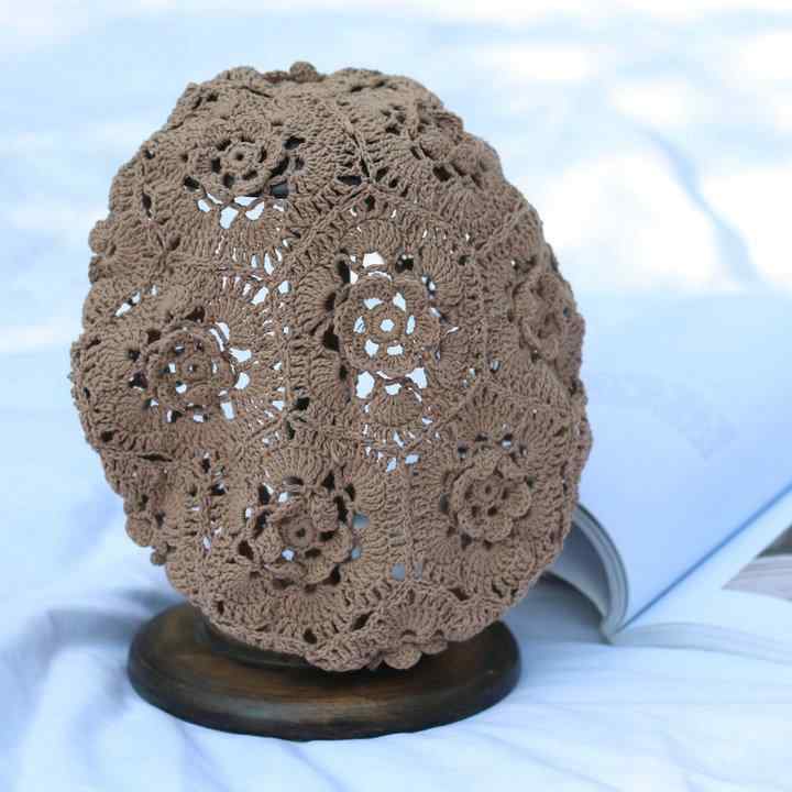 ベレー帽 レディース レトロ 手編み 花柄 コットン ニット 帽子 エレガント 通気性 ベージュ ブルー ブラック イエロー キャメル2