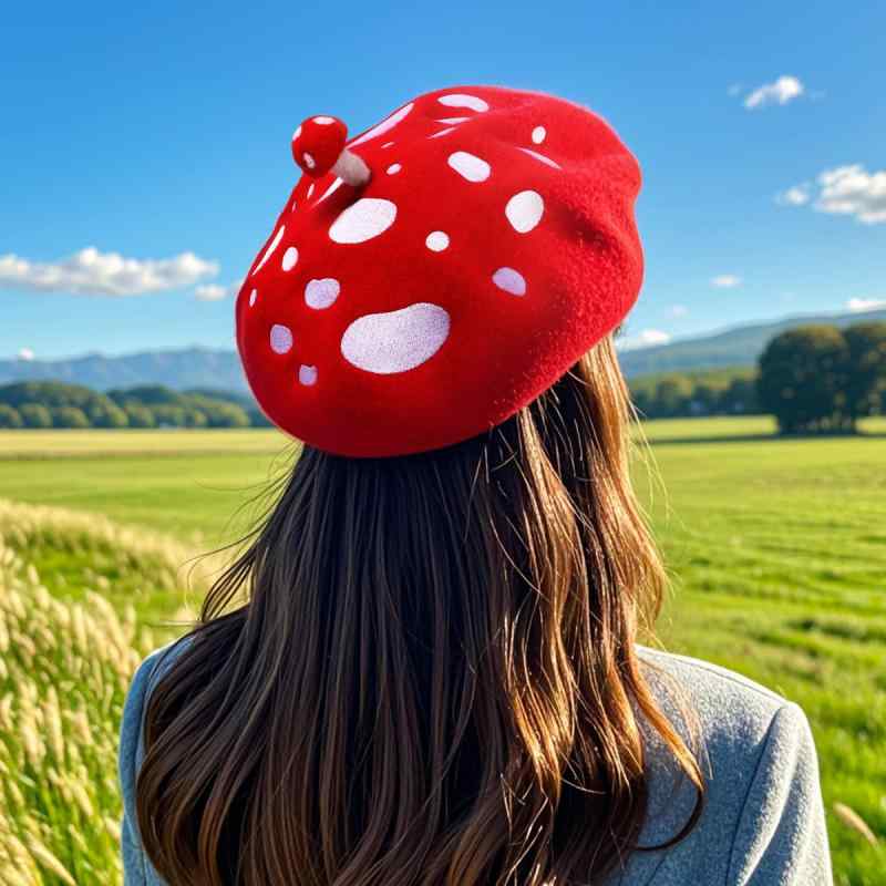 ベレー帽 レディース 秋冬 ファッション 刺・墸 キノコ かわいい ガーリー 学生風 画家帽 トレンド あったか帽子 ウール 赤色2