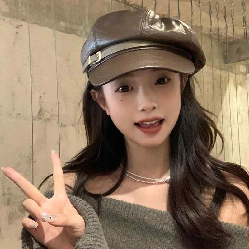 帽子 レディース 秋冬 レザー ベレー帽 マリンキャップ 大頭 婦人帽子 カジュアル キャップ 深・稀色 クラシックブラック カーキ色 防寒 あったか 秋冬2