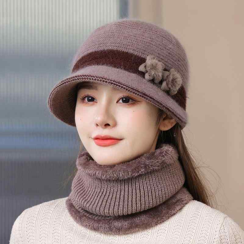 帽子 レディース 秋冬 高齢者 婦人 あったか ニット帽 母親 おばあちゃん 防寒 花柄 ワインレッド ベージュ グレー ニット 兔毛 あったか 普段使い2