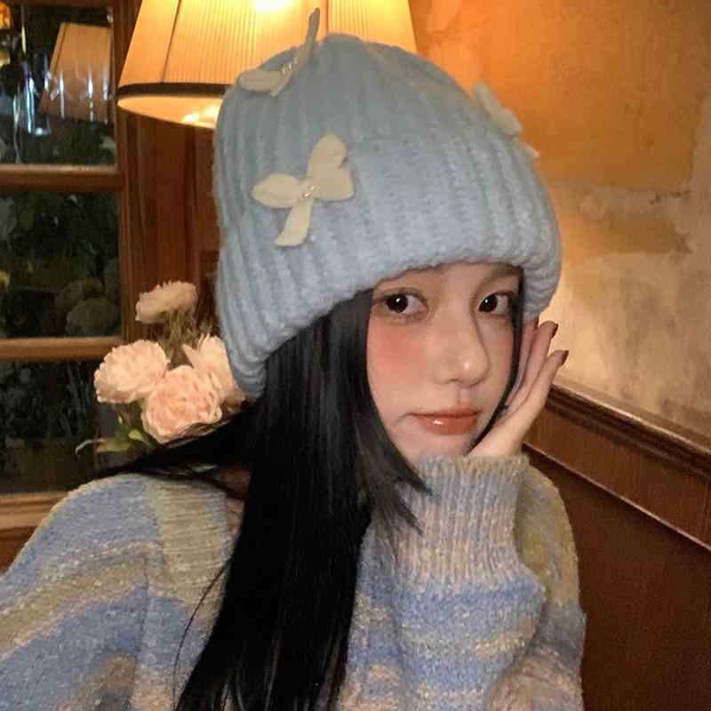 ニット帽 レディース 秋冬 帽子 暖かい 防寒 蝶結び かわいい 天藍色 アイボリー パープル カーキ色 カジュアル ファッション2