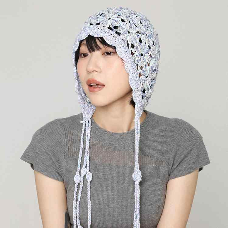 帽子 レディース 春夏 ニット帽 手編み 透かし編み 薄手 ビーニー ?耳付き ブルー パープル 系 カラフル コットン 混紡 ラウンド トップ ショート ブリム 四季 オリジナル デザイン エスニック2