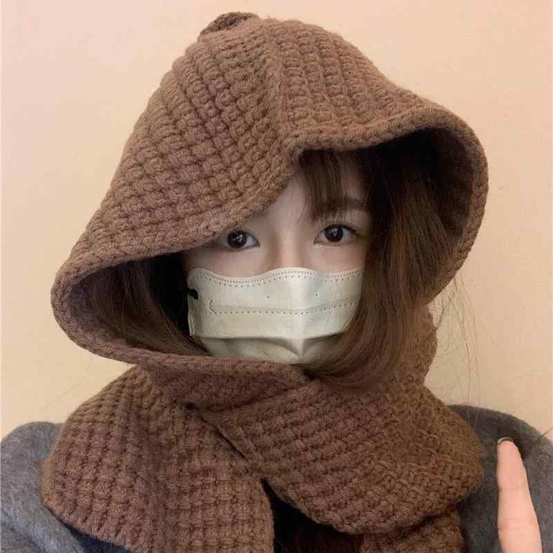 ニット帽 レディース 秋冬 羊毛混紡 バラクラバ 一体型 帽子 ネックウォーマー 厚手 防寒 保温 カシミヤ かわいい 小顔効果 あったか コーディネート カフェ色