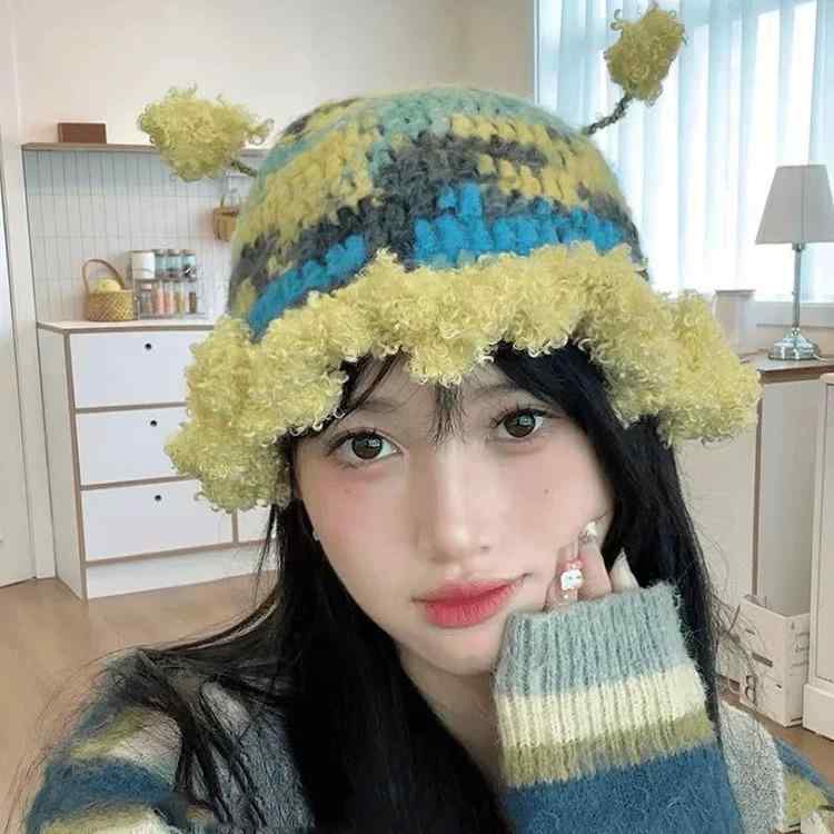 帽子 レディース ニット漁夫帽 秋冬 かわいい ポンポン 配色 ふち飾り 保温 防風 小顔効果 あったか ウール混 ピンク系 ブルー系 グリーン系2