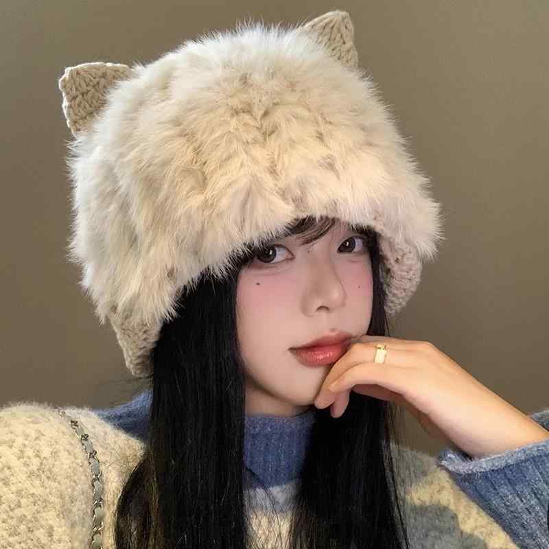 ニット帽 レディース 猫耳 秋冬 かわいい 小顔効果 暖かい 防寒 ウサギ M ベージュ ホワイト コーヒー2