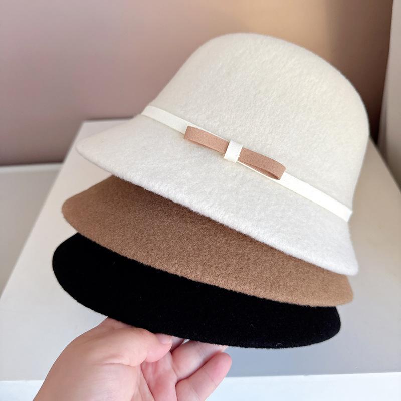 帽子 レディース 秋冬 漁夫帽 ニット帽 羊毛混紡 バケットハット 蝶結び あったか 防寒 小顔効果 ブラック カーキ ホワイト2
