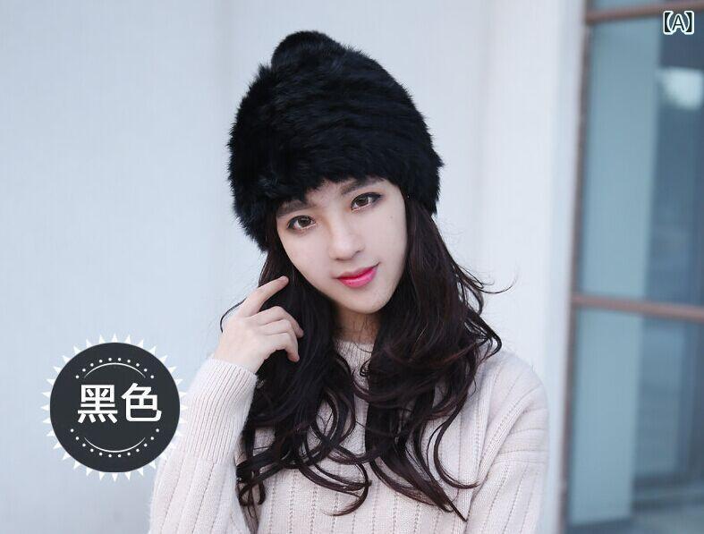 帽子 レディース 婦人 ニット帽 秋冬 防寒 あったか 厚手 二重構造 ウサギ 毛皮 ファー ボンボン付き ケーブル編み かわいい おしゃれ 普段使い お出かけ ブラック ホワイト グレー2