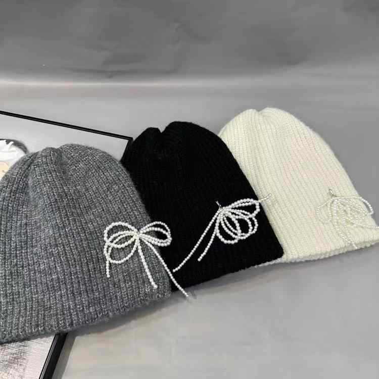 ニット帽 レディース 婦人帽子 秋冬 蝶結び パール あったか 保温 防寒 冷え対策 かわいい おしゃれ エレガント ブラック オフホワイト グレー2