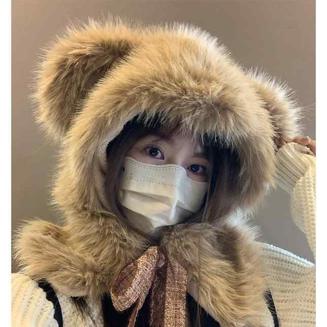 帽子 レディース 秋冬 小熊 かわいい 厚手 防寒 保温 耳あて ネックウォーマー一体型 防風 白色 茶色 あったかグッズ2