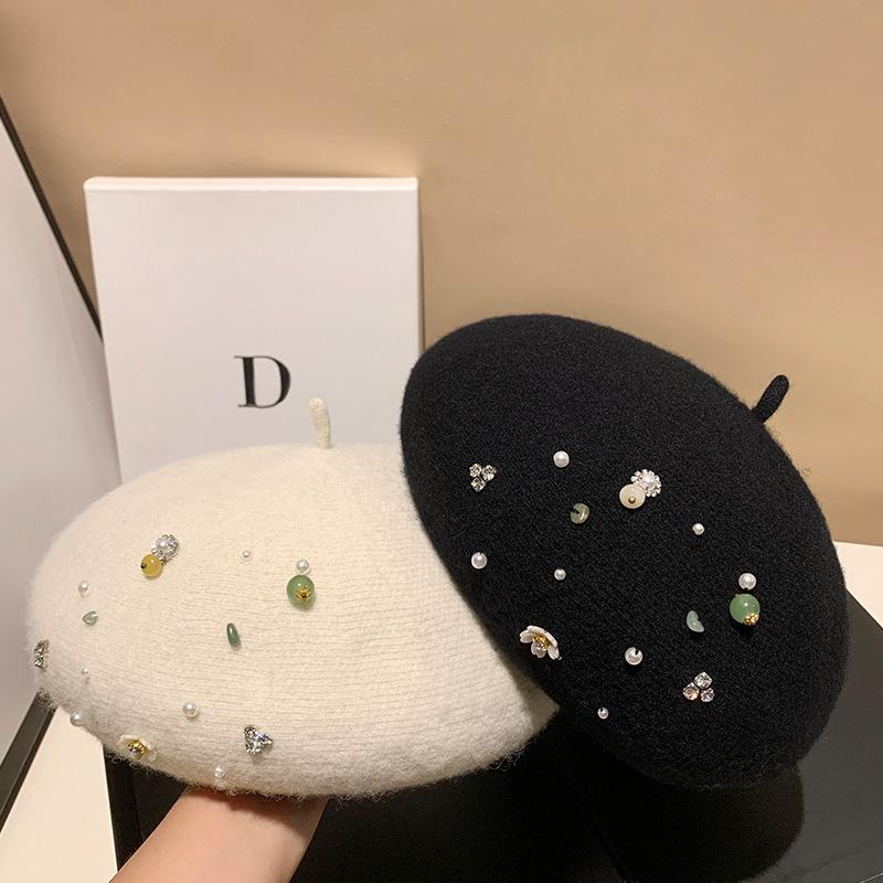 ベレー帽 レディース 秋冬 ニット 韓国 かわいい おしゃれ 画家帽 ウール あったか 防寒 ブラック アイボリー ベージュ2