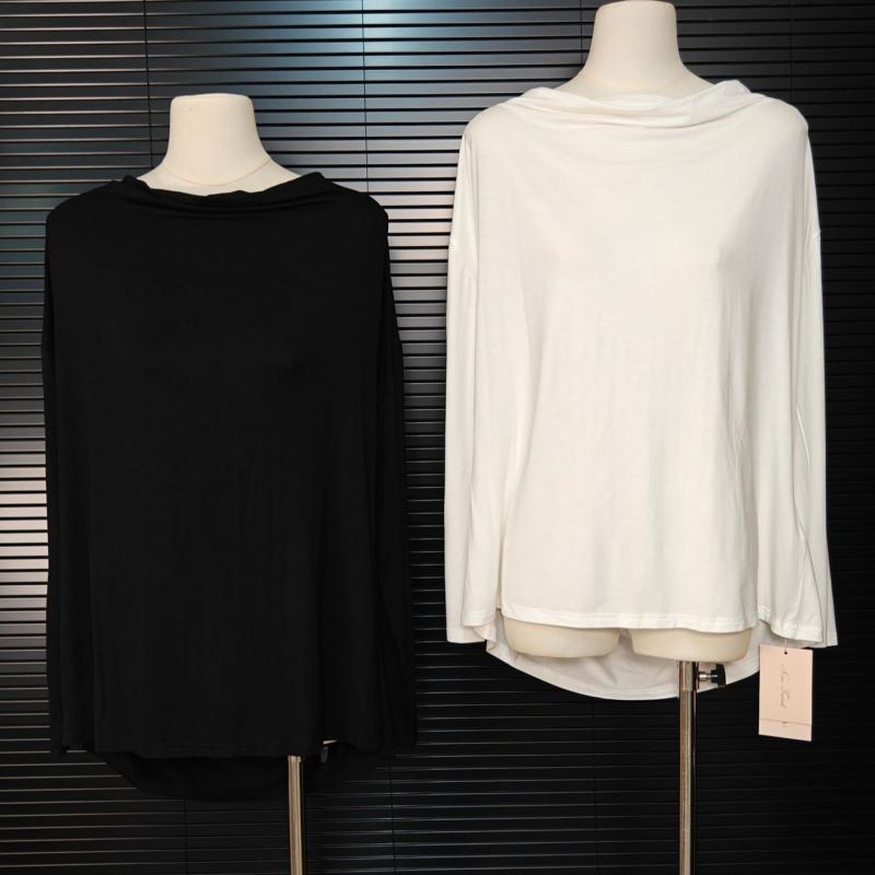 Tシャツ レディース 背中開き 長袖 ポリエステル カットソー ゆったり 無地 ラウンドネック 黒 白 ギャザー 接触冷感 伸縮性 トップス 普段使い かわいい セクシー 春夏