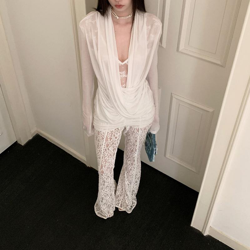 Tシャツ レディース 網シャツ チュール レース 切り替え 長袖 Vネック トップス スリムフィット インナー 乳白色 春秋 セクシー 普段使い2