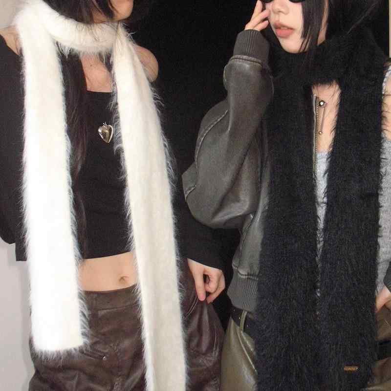 マフラー レディース 秋冬 ・委貂毛風 ニット 柔らかい 細め ストール 保温 ブラック クリーム ホワイト ベージュ ピンク パープル きれいめ カジュアル2