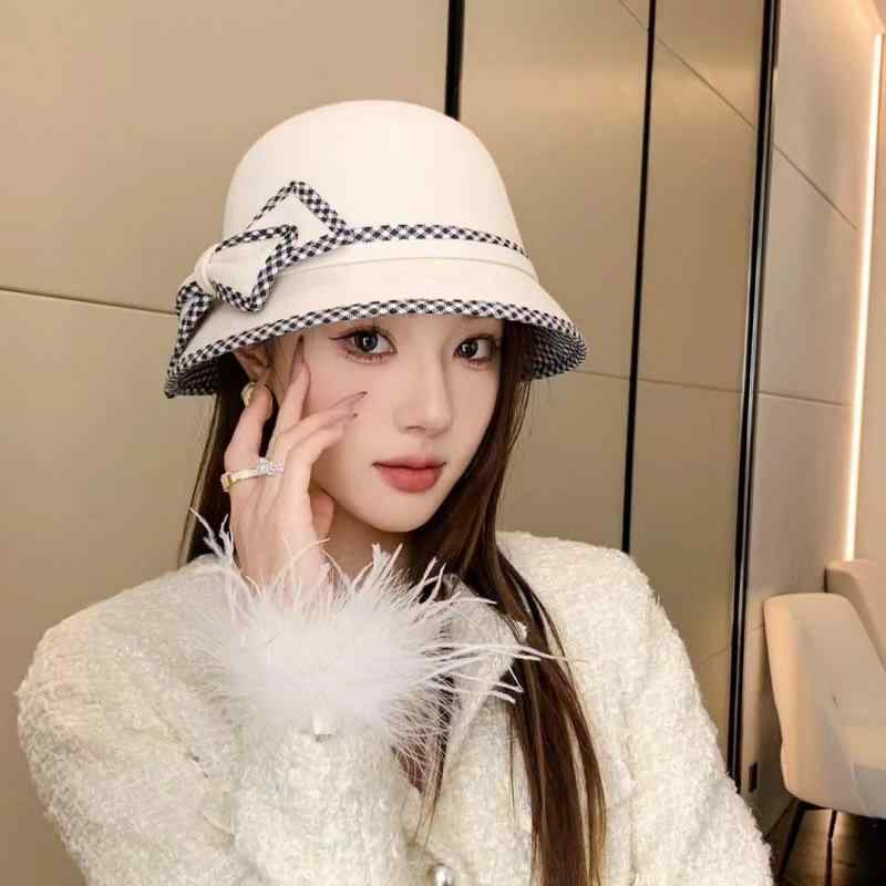 帽子 レディース 秋冬 格子柄 ウール フェルト ハット 漁夫帽 バケットハット リボン レトロ エレガント 保温 防風 ブラック キャメル ワインレッド ホワイト