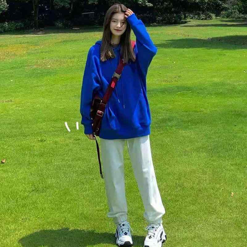 パーカー レディース 薄手 コットン ゆったり 長袖 トレーナー 無地 クラインブルー 春秋 トップス 普段使い 部屋着 かわいい