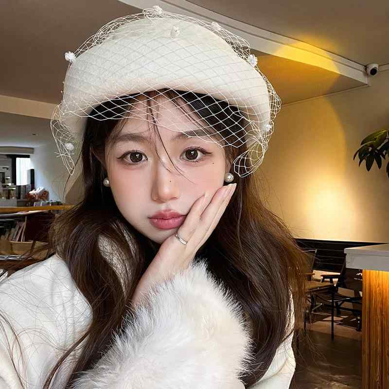 ベレー帽 レディース 秋冬 ウール 網状 チュール 帽子 画家帽 キャップ レトロ かわいい 上品 きれいめ 女性用 バスク ウール2