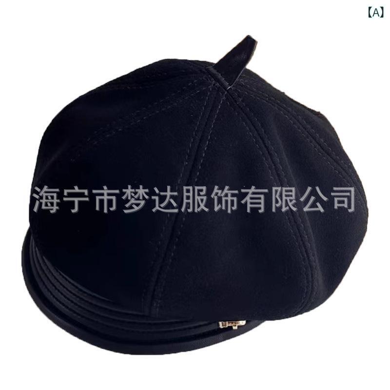 帽子 レディース 婦人帽子 八角帽 ベレー帽 画家帽 羊革 スエード レザー 小顔効果 秋冬 黒 ブラック 茶 ブラウン 紫 パープル2