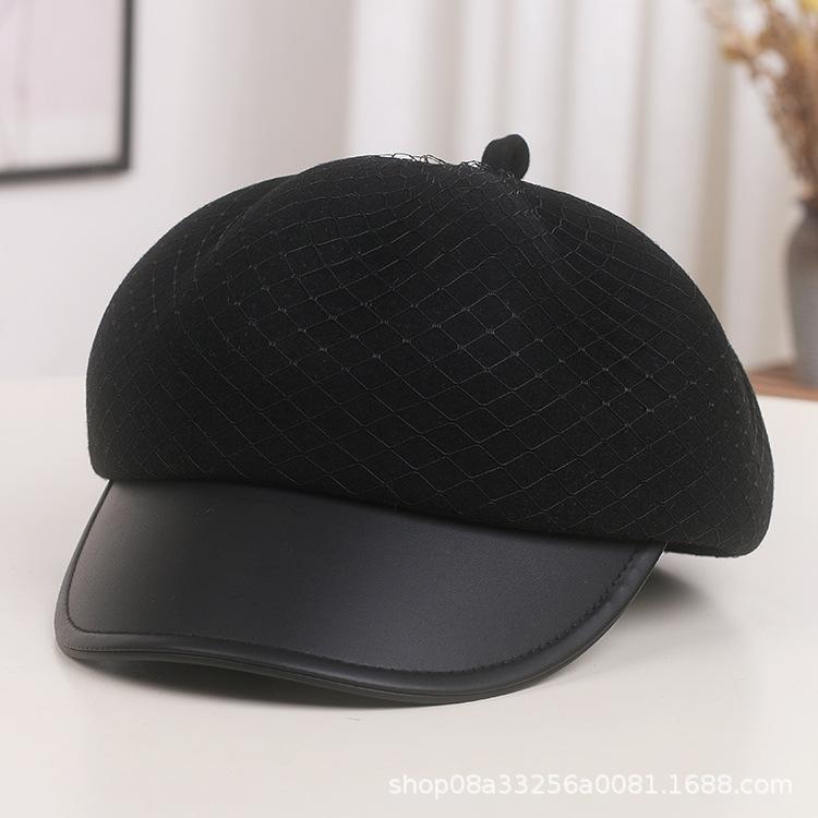 ベレー帽 レディース 秋冬 羊毛 八角 キャスケット 日系 上品 メッシュ フェイクレザー つば 切り替え 小顔効果 防寒 ブラック ベージュ オフホワイト