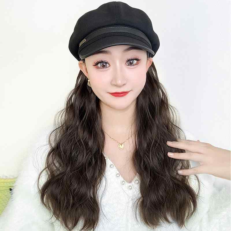 帽子 レディース 八角ベレー帽 取り外し可能 長い巻き髪 巻き髪ヘアピース 全頭ウィッグ 冷棕色 梨花ヘア 水波紋 大波 黒棕色 深棕色 高温耐熱ウィッグ 小顔効果 イメチェン