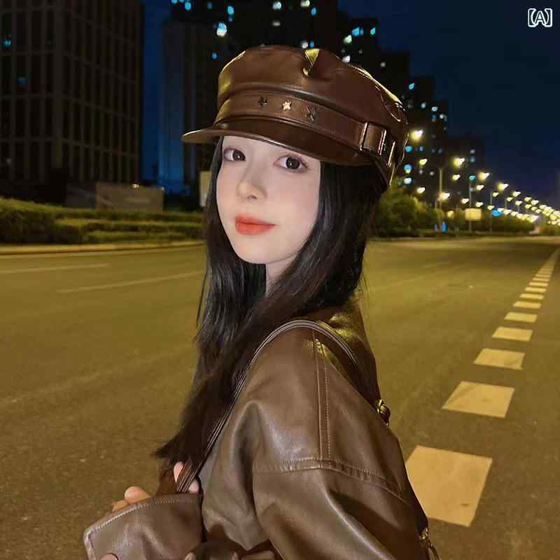 ベレー帽 レディース 秋冬 PUレザー コーヒー色 八角帽子 画家帽子 保温 防寒 普段使い ショートブリム ファッション 通勤 ブラック ピンク系2