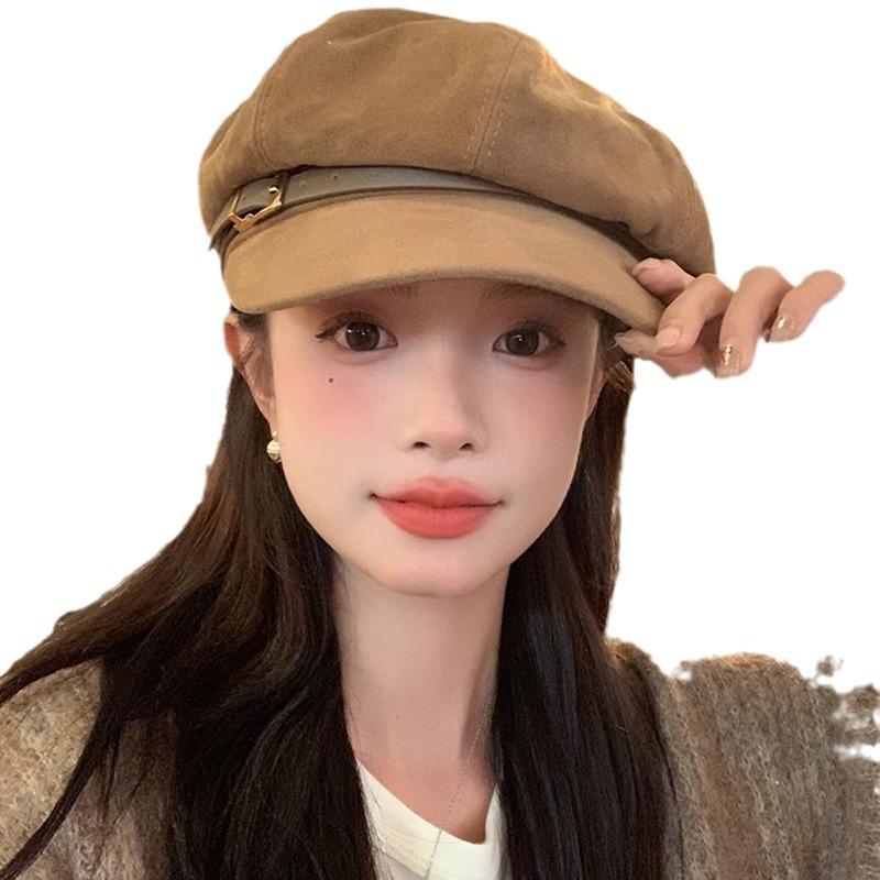 帽子 レディース 秋冬 スエード ベレー帽 八角帽 ニュースボーイキャップ 防寒 保温 おしゃれ かわいい 黒 ベージュ ブラウン コーヒー 焦糖色2