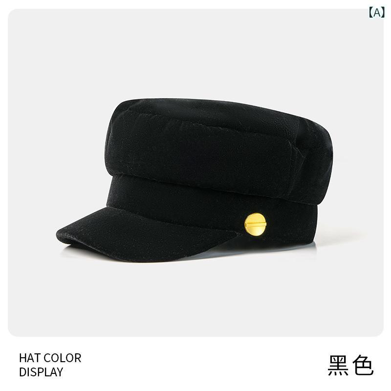 ベレー帽 レディース 帽子 秋冬用 小顔効果 レトロブリティッシュ風 八角帽 画家帽 大きめフェイス ニュースボーイキャップ ベルベット素材 ブラック レッド2
