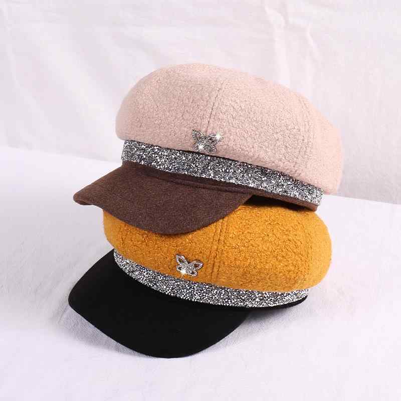 ベレー帽 レディース 秋冬 帽子 ファッション小物 八角帽 羊毛 混紡 かわいい おしゃれ レトロ クラシカル 旅行 ショッピング イベント イエロー カーキ ブラック ピンク ベージュ2