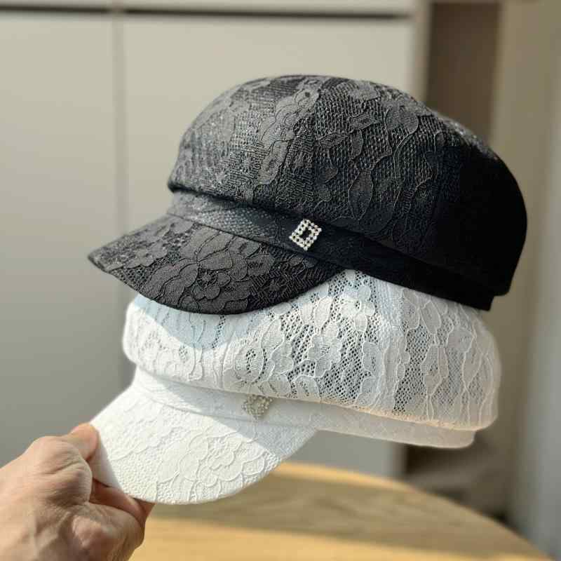 帽子 レディース 春夏 レース 八角帽 薄手 通気性 メッシュ キャップ 女性 女の子 画家帽 お出かけ 日よけ帽子 ブラック ホワイト2