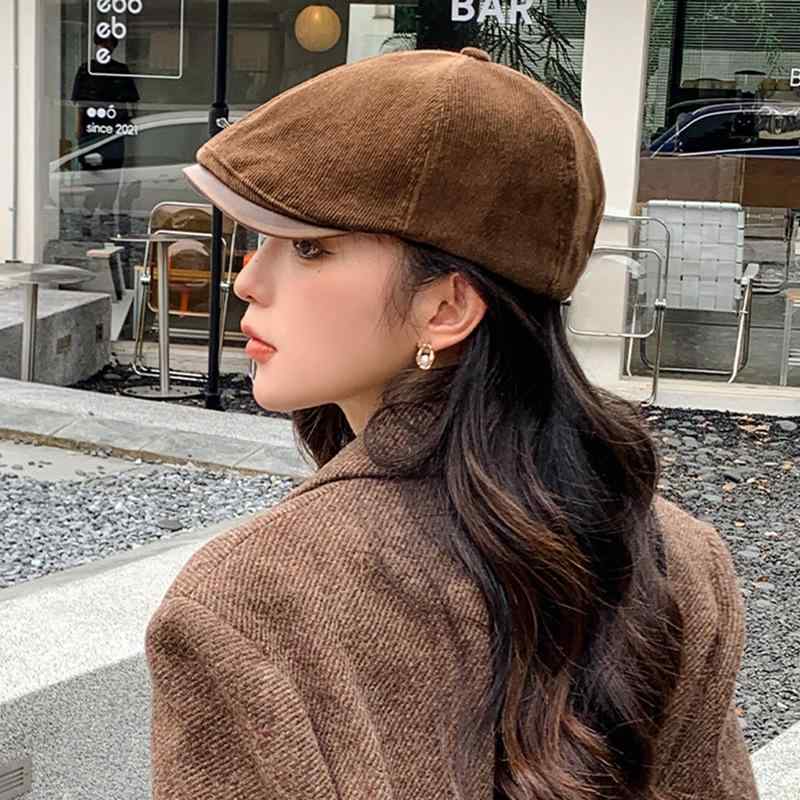 帽子 レディース レトロ 短つば コーデュロイ ハンチング帽 スエード ベレー帽 八角帽 チェック柄 デニム カジュアル 日よけ 小顔効果 秋冬 アウトドア 旅行 ベージュ ブラック ブラウン2