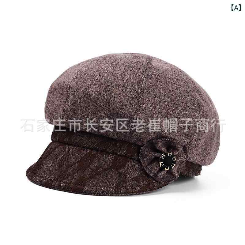 帽子 レディース 秋冬 レース ウール 八角帽 防寒 あったか キャップ ミセス シニア おしゃれ 深紫色 浅紫色 ベージュ 銀灰色2