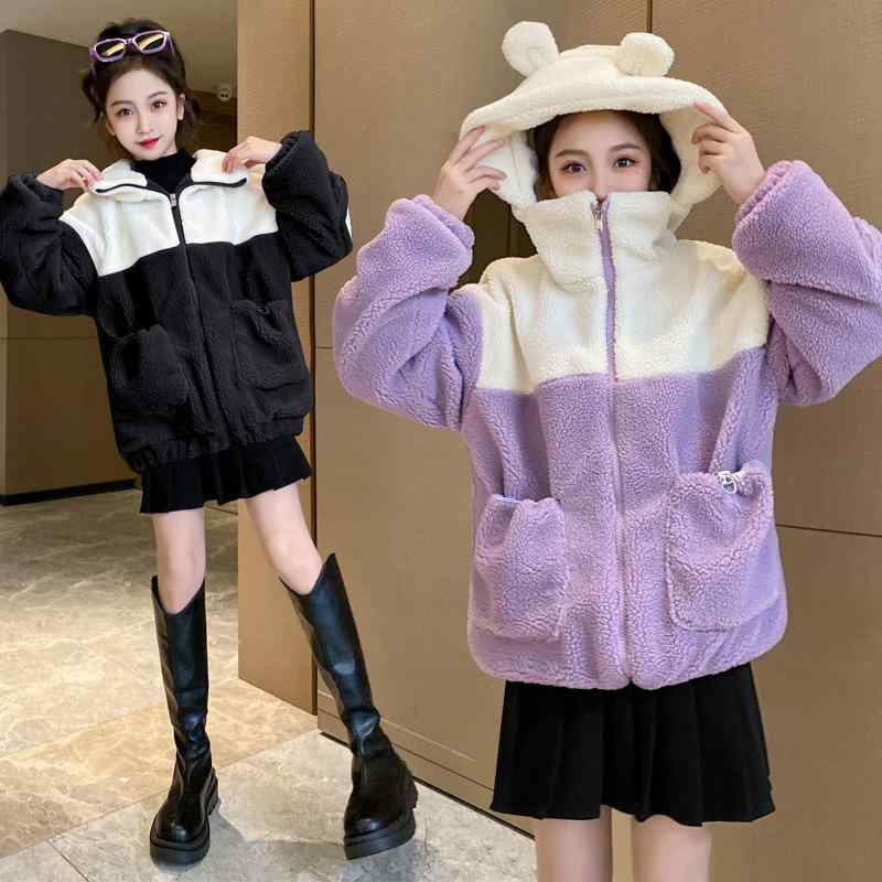 子供服 女の子 長袖 ボアジャケット 配色 フード付き アウター 防寒 かわいい カジュアル 普段使い 通園 通学 秋冬 紫 黒2