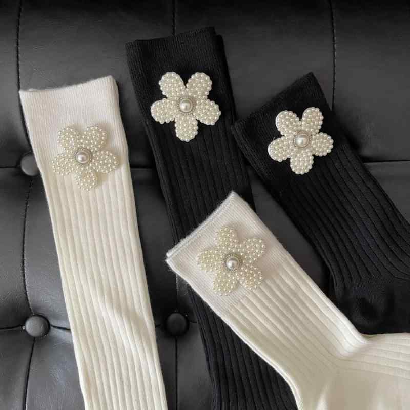 靴下 レディース JK 制服 コスプレ ソックス パール 花柄 切り替え ショート丈 ロング丈 コットン 混紡 白 黒 35-402