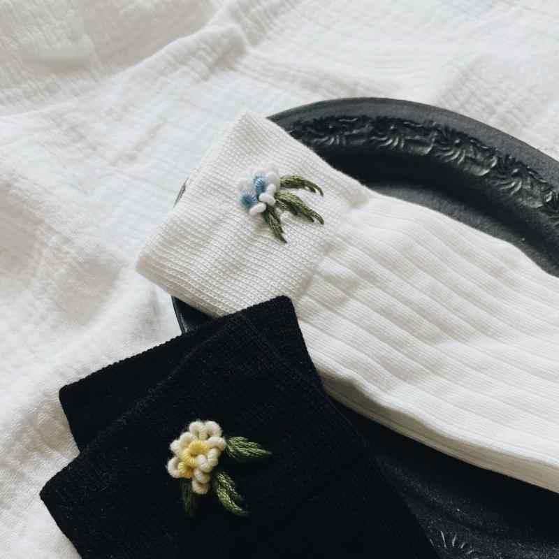 靴下 レディース 手編み 刺繍 ソックス コットン 堆堆・楴 春夏 薄手 白色 黒色 黄色2