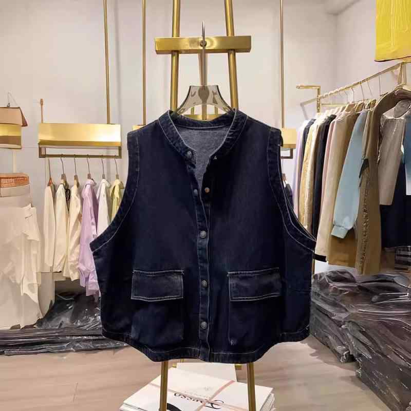 限りない レディース ジーンズ限りない ゆったり ラウンドのど頚 ノースリーブ トップス ジレ 心地よい表現スタイル ライトアウター Gジャン風 ウォッシュ産業 ヴィンテージ風 綿織物 ジーンズ青味(x2)