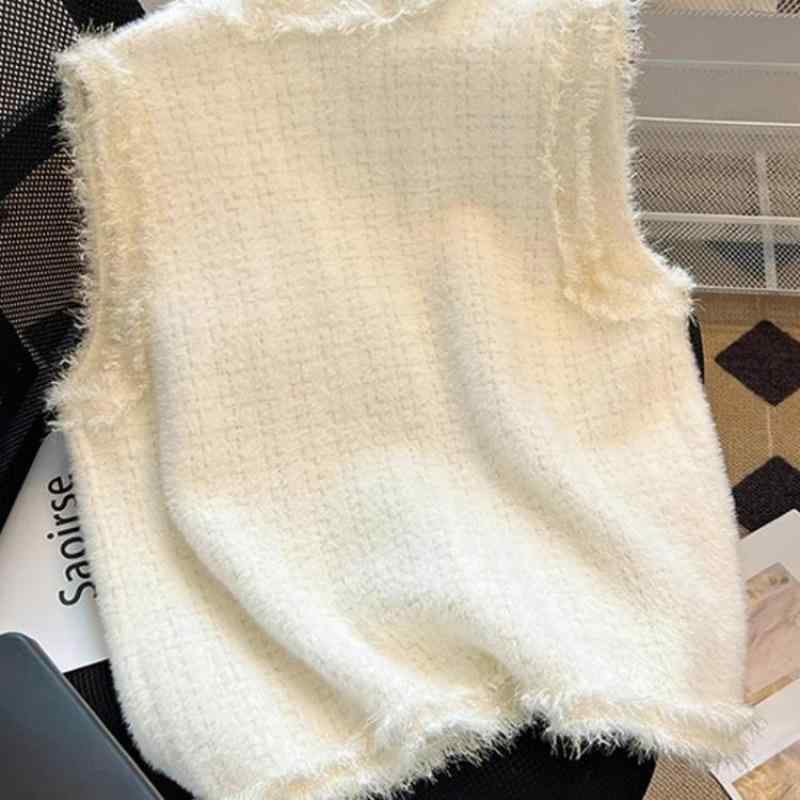 ベスト レディース 春秋 小香風 ニットベスト レイヤード トップス かわいい おしゃれ ホワイト ブラック系 通勤 きれいめ
