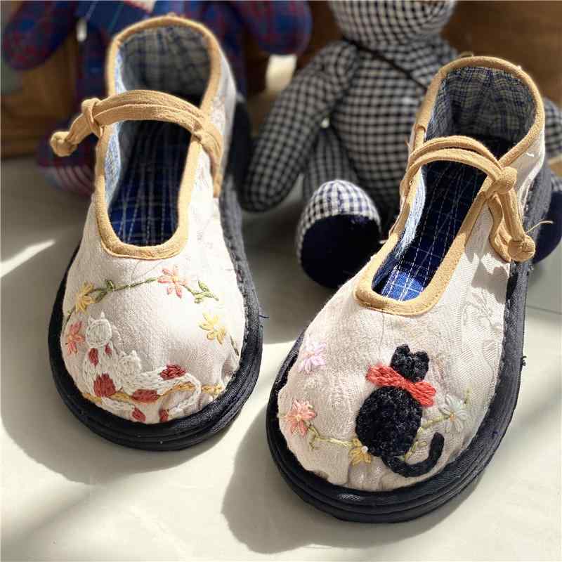布靴 レディース フラットソール 手作り 刺繍 マオシューズ スリッポン ラウンドトゥ 千層底 コットン 刺・墸 軽量 ぺたんこ 普段使い 春夏 秋 スリッパ 民族風 ダークブルー ベージュ(x2)