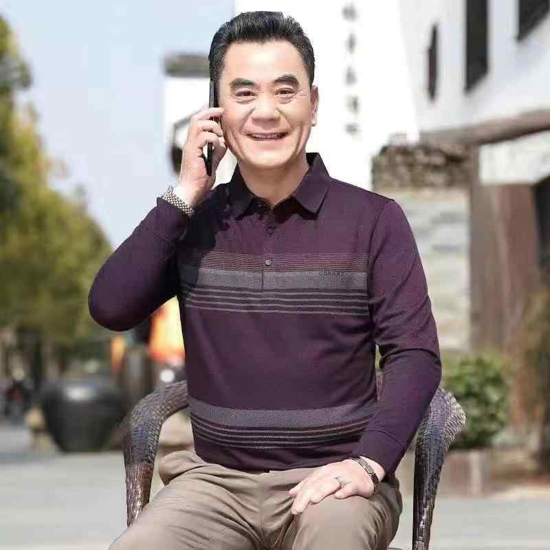 Tシャツ メンズ 男性用 長袖 ポロシャツ ストライプ柄 トップス カットソー 紳士服 40代 50代 60代向け 合体型 ポリエステル混紡 カジュアル 秋物
