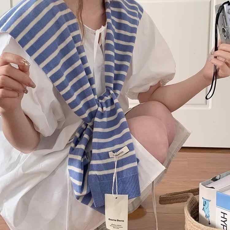 ショール レディース 春夏 ウール ニット ストライプ 冷房対策 肩掛け 膝掛け ひざかけ 紫外線対策 日焼け対策 アクセント ミックスカラー 日韓スタイル2