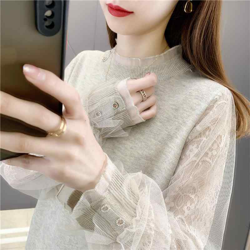 ニット レディース 蕾? トップス 秋冬 薄手 長袖 プルオーバー ゆったり おしゃれ かわいい ポリエステル 粘・屬?? 切り替え レース 半高領 カキ色 白 黒2