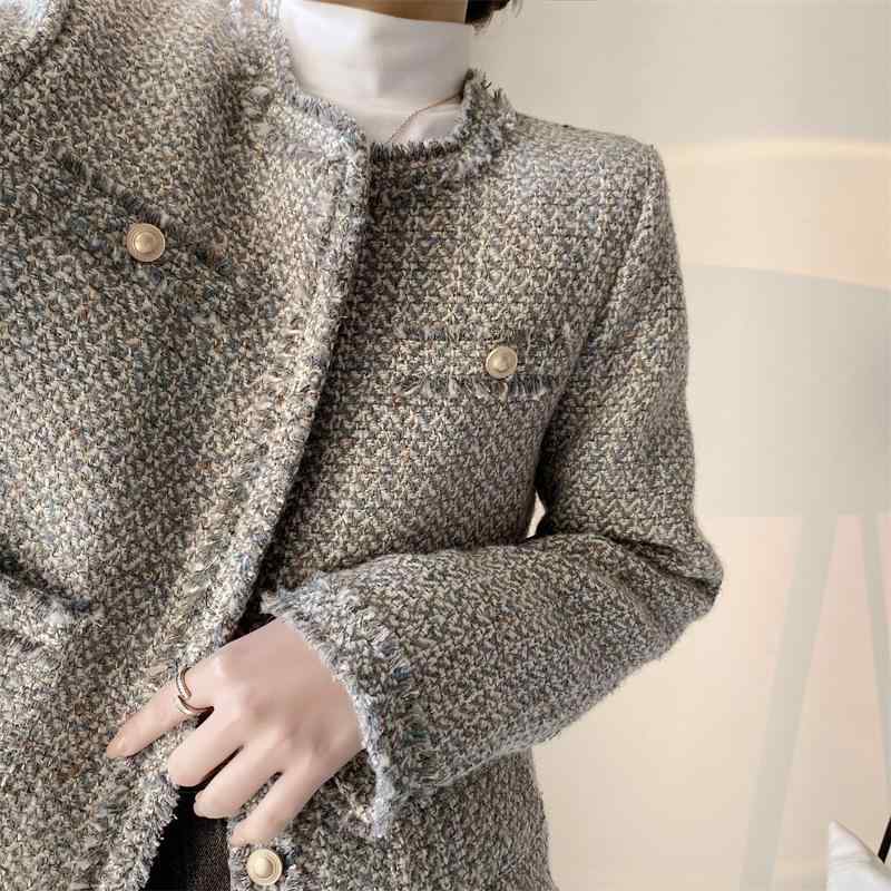 ジャケット レディース 配色 格子柄 ショート丈 ウール アウター 豪華感 ミドル丈 ラウンドネック 花びら袖 ポケット エレガント 秋冬